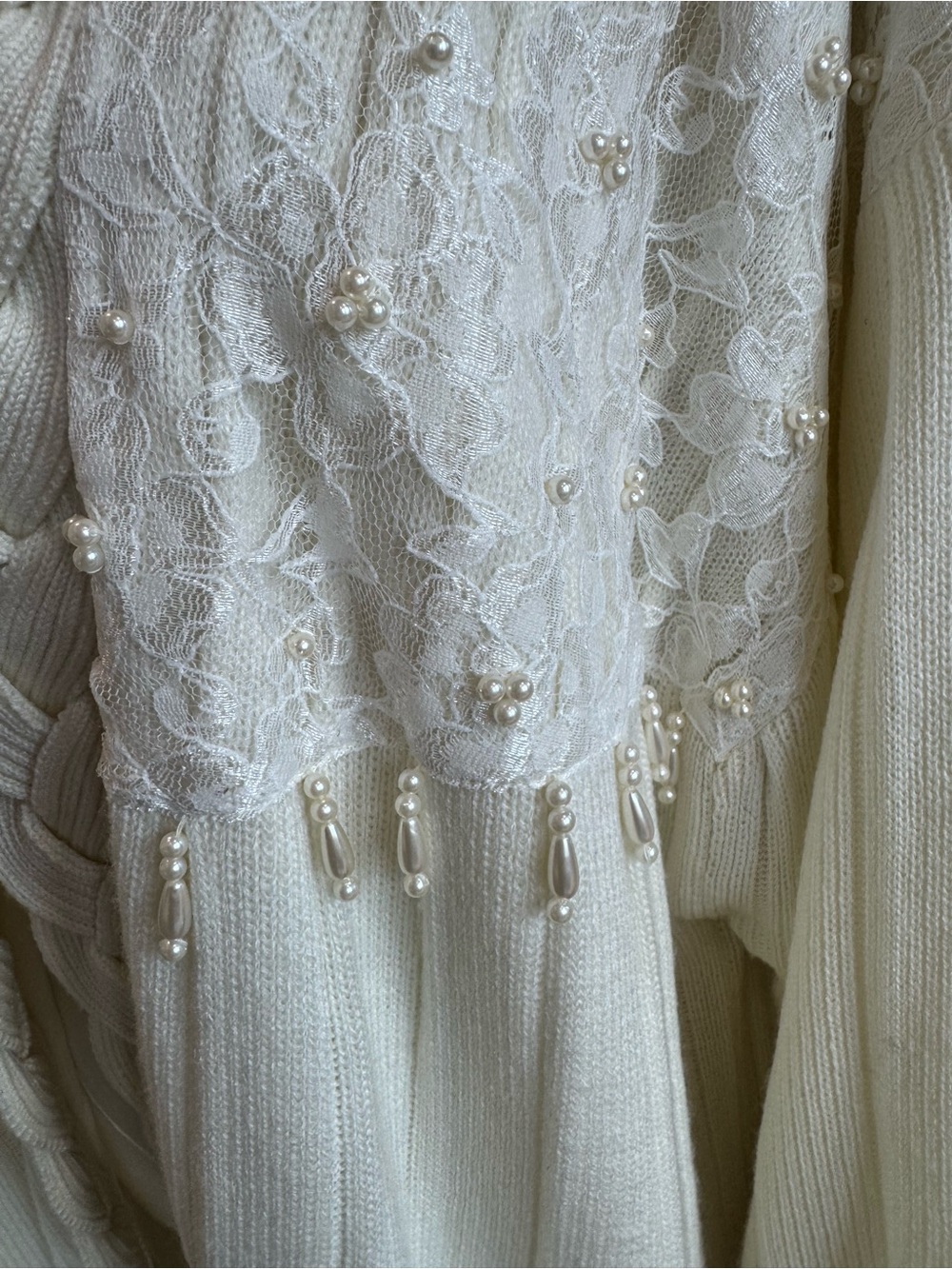 Roaman’s 1X Ivory Braided Shawl Collar Cardigan | Lace Beaded Open Front Sweater - Picture 2 of 8